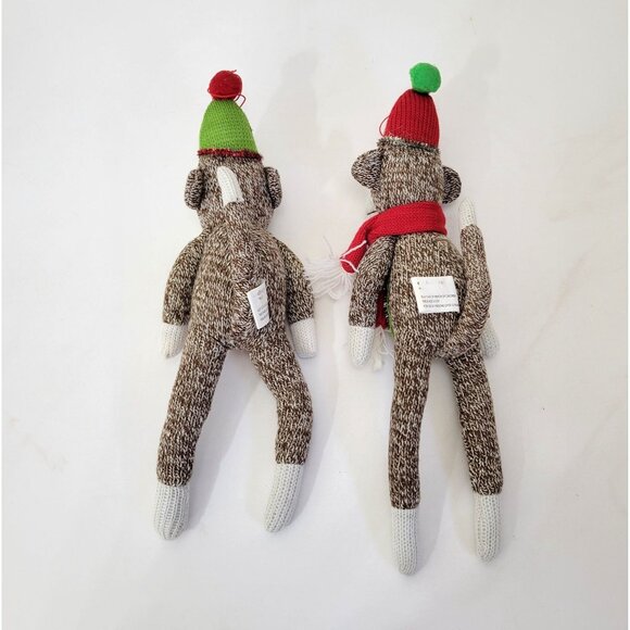 Sock Monkey Ornaments With Red and Green Christmas Hats & Scarves, Set of Two - Picture 3 of 5